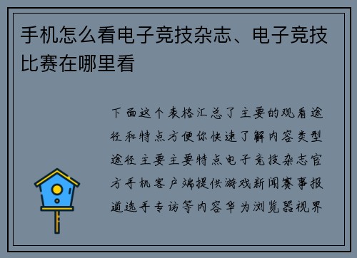 手机怎么看电子竞技杂志、电子竞技比赛在哪里看